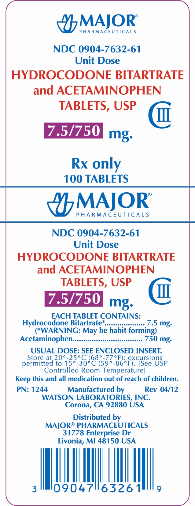 HYDROCODONE BITARTRATE AND ACETAMINOPHEN TABLETS, USP 7.5/750MG