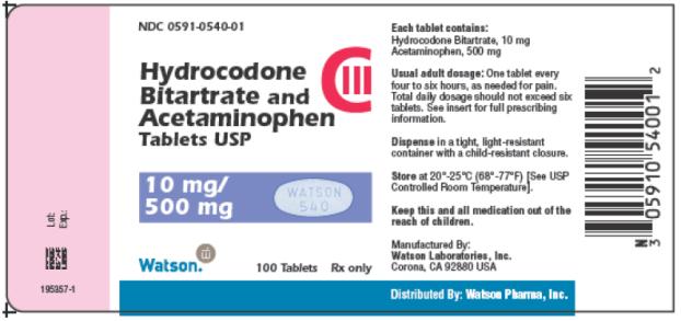 PRINCIPAL DISPLAY PANEL NDC 0591-0540-01 Hydrocodone Bitartrate and Acetaminophen Tablets USP CIII 10 mg/ 500 mg Watson 100 Tablets Rx only