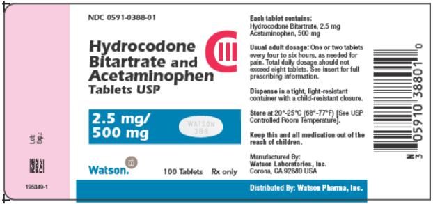 PRINCIPAL DISPLAY PANEL NDC 0591-0388-01 Hydrocodone Bitartrate and Acetaminophen Tablets USP CIII 2.5 mg/ 500 mg Watson 100 Tablets Rx only