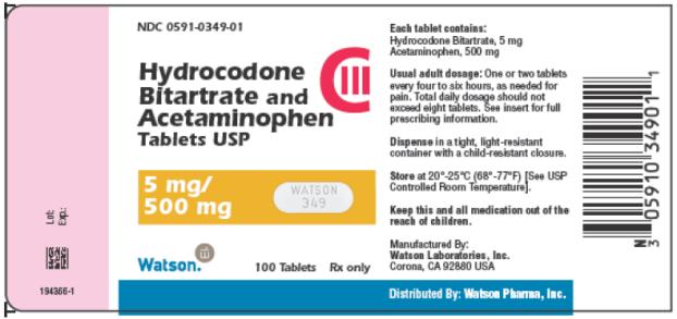 PRINCIPAL DISPLAY PANEL NDC 0591-0349-01 Hydrocodone Bitartrate and Acetaminophen Tablets USP CIII 5 mg/ 500 mg Watson 100 Tablets Rx only