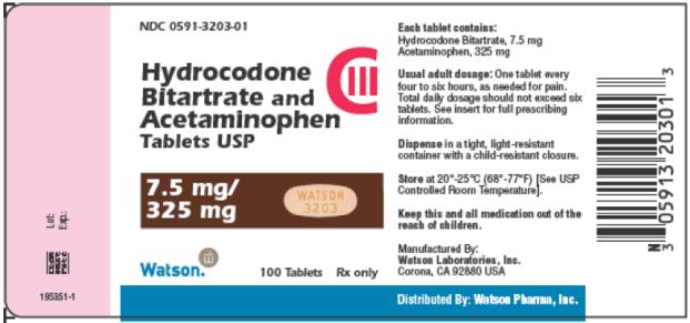 PRINCIPAL DISPLAY PANEL NDC 0591-3203-01 Hydrocodone Bitartrate and Acetaminophen Tablets USP CIII 7.5 mg/ 325 mg Watson 100 Tablets Rx only