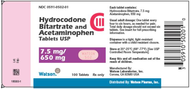 PRINCIPAL DISPLAY PANEL NDC 0591-0502-01 Hydrocodone Bitartrate and Acetaminophen Tablets USP CIII 7.5 mg/ 650 mg Watson 100 Tablets Rx only