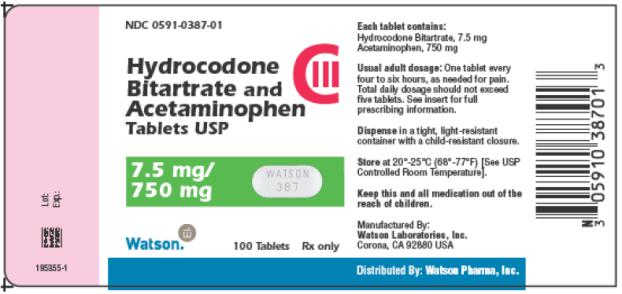PRINCIPAL DISPLAY PANEL NDC 0591-0387-01 Hydrocodone Bitartrate and Acetaminophen Tablets USP CIII 7.5 mg/ 750 mg Watson 100 Tablets Rx only