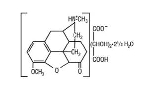 The following structural formula for Hydrocodone bitartrate is a semisynthetic opioid agonist. Its chemical name is: 4,5 α-epoxy-3­ methoxy-17-methylmorphinan-6-one tartrate (1:1) hydrate (2:5). Its