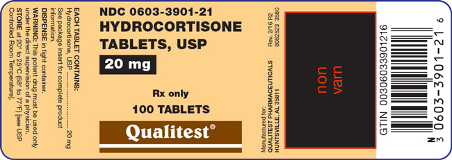 An image of the Hydrocortisone Tablets, USP 20 mg 100 count label.