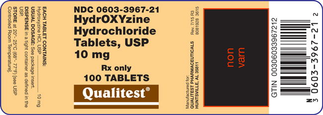 This is an image of the label for HydrOXYzine HCl Tablets, USP 10 mg 100 count.