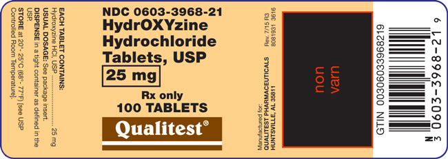 This is an image of the label for HydrOXYzine HCl Tablets, USP 25 mg 100 count.