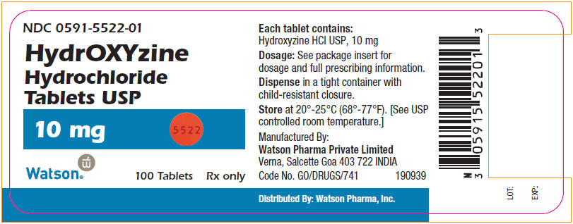 NDC 0591-5522-01 HydrOXYzine Hydrochloride Tablets USP 10mg 100 Tablets
