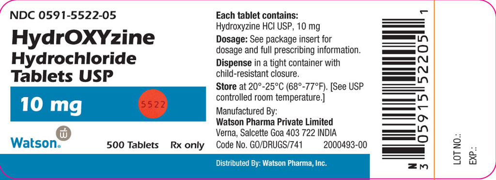NDC 0591-5522-05
HydrOXYzine
Hydrochloride
Tablets USP

10 mg
500 Tablets
