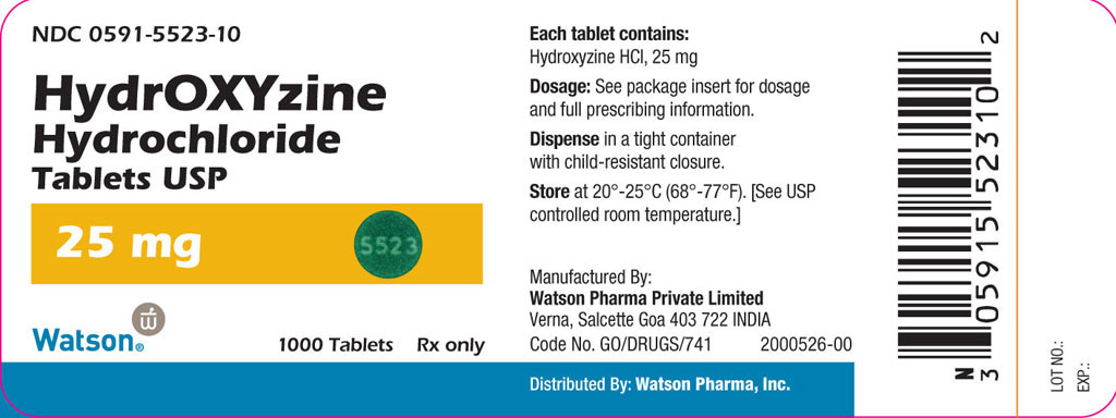 NDC 0591-5523-10
HydrOXYzine
Hydrochloride
Tablets USP

25 mg
1000 Tablets
