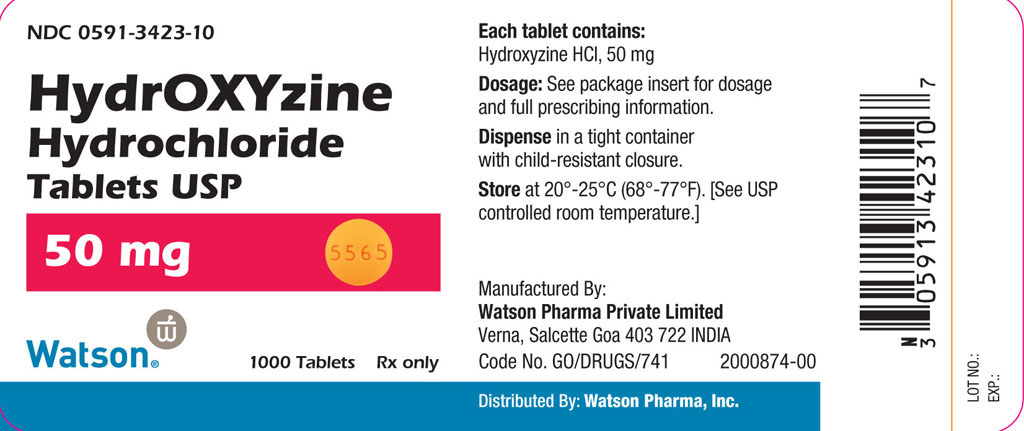 NDC 0591-3423-10
HydrOXYzine
Hydrochloride
Tablets USP

50 mg
1000 Tablets
