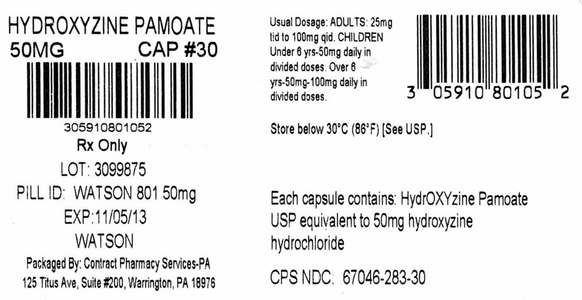 NDC 0591-0801-01 HydrOXYzine Pamoate Capsules USP 50 mg* Tartrazine Dye-Free Watson 100 Capsules Rx only