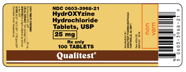 This is an image of the label for HydrOXYzine HCl Tablets, USP 25 mg 100 count.