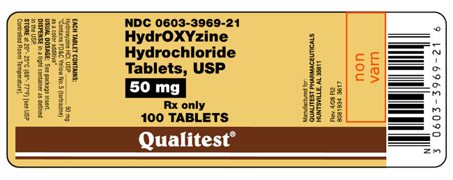 This is an image of the label for HydrOXYzine HCl Tablets, USP 50 mg 100 count.