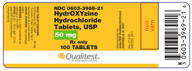 This is an image of the label for HydrOXYzine HCl Tablets, USP 50 mg 100 count.