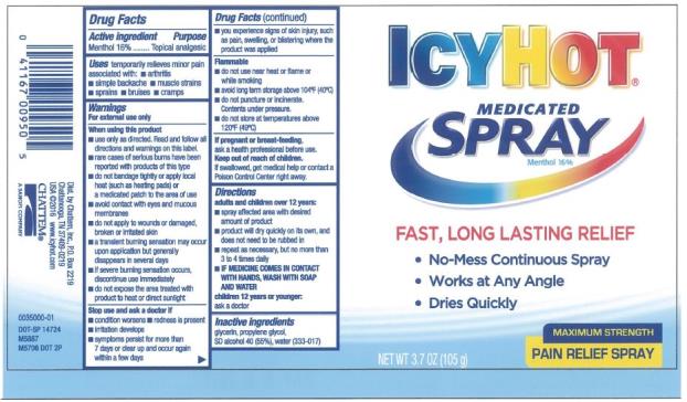 Principal Display Panel
ICY HOT®  
MEDICATED 
SPRAY
Menthol 16%
FAST, LONG LASTING RELIEF
•	No-Mess Continuous Spray
•	Works at Any Angle
•	Dries Quickly
MAXIMUM STRENGTH
PAIN RELIF SPRAY
3.7 OZ (105 g)
