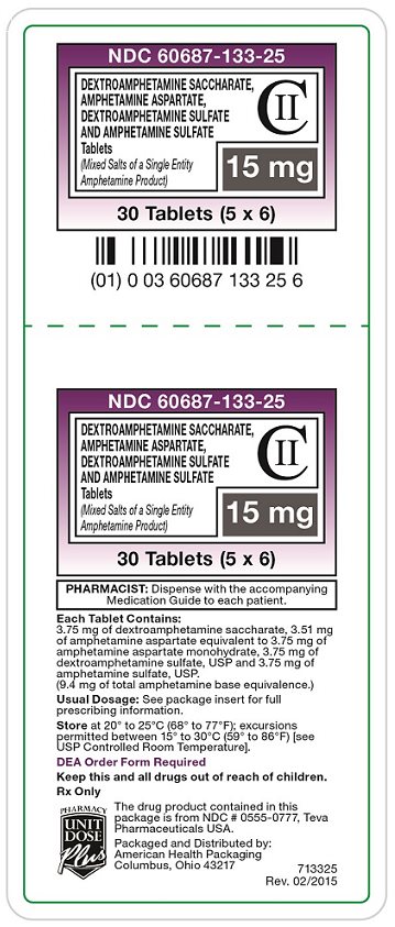 Dextroamphetamine saccharate, amphetamine aspartate, dextroamphetamine sulfate and amphetamine sulfate Tablets USP 15 mg Label