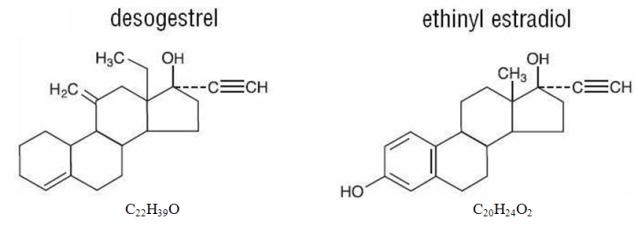 structural formulas for desogestrel and ethinyl estradiol.
