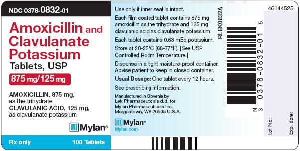 Amoxicillin and Clavulanate Tablets, USP 875 mg/125 mg Bottle Label
