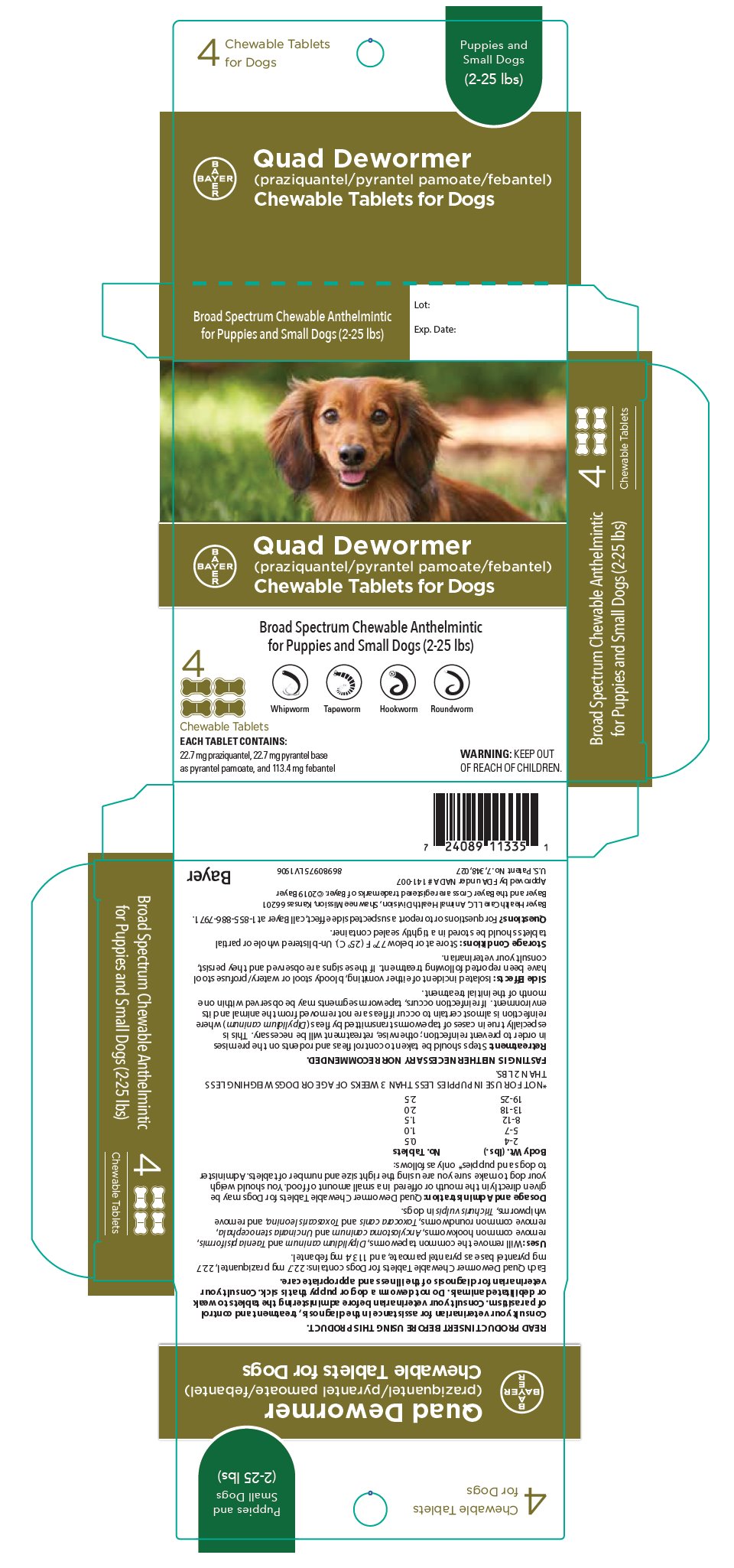Quad Dewormer (praziquantel/pyrantel pamoate/febantel) Chewable Tablets for Dogs label - puppies and small dogs (2-25 lbs)