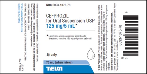 Cefprozil for Oral Suspension USP 125 mg/5 mL, 75 mL Label