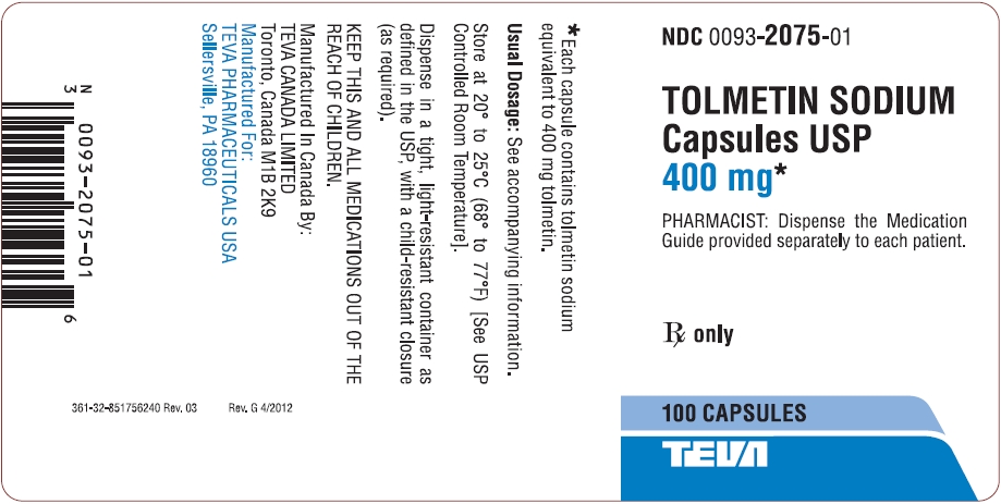 Tolmetin Sodium Capsules USP 400 mg 100s Label