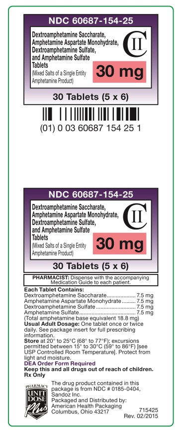 Dextroamphetamine Saccharate, Amphetamine Aspartate Monohydrate, Dextroamphetamine Sulfate, and Amphetamine Sulfate Tablets (Mixed Salts of a Single Entity Amphetamine Product) 30 mg label
