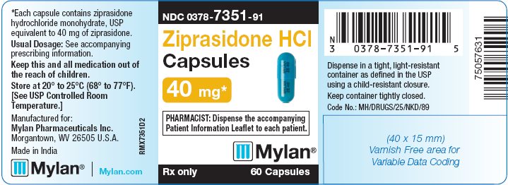 Ziprasidone Hydrochloride Capsules 40 mg Bottle Label