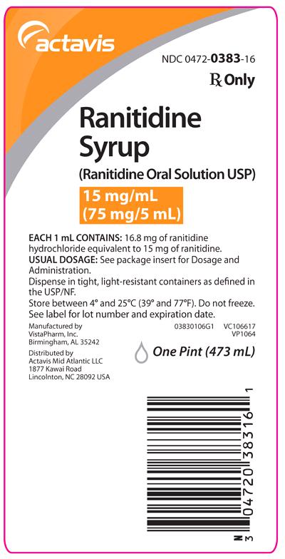 Ranitidine Syrup (ranitidine oral solution USP) 15 mg/mL, 473 mL Label