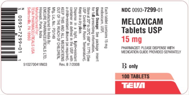 Meloxicam Tablets USP 15 mg 100s Label