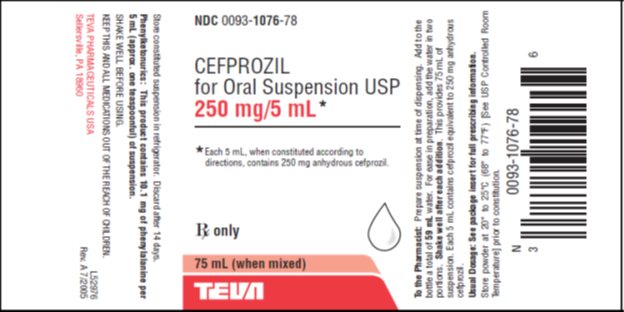 Cefprozil for Oral Suspension USP 250 mg/5 mL, 75 mL Label