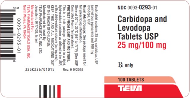 Carbidopa and Levodopa Tablets USP 25 mg/100 mg, 100s Label