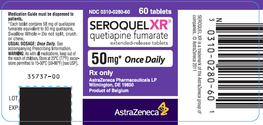 SEROQUELXR 50 mg Once Daily extended-release tablets bottle label 60 tablets
