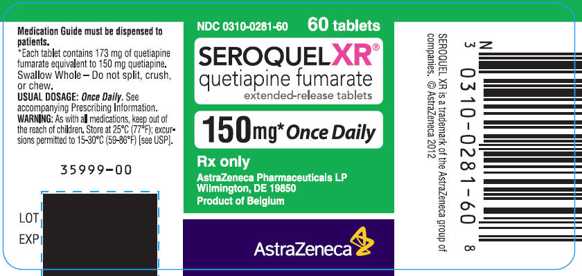 SEROQUEL XR extended-release tablets 150 mg Once Daily Bottle Label 60 tablets