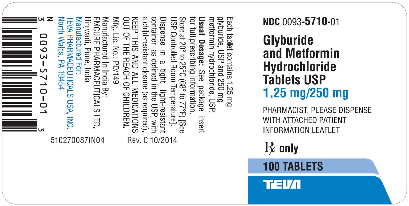 Glyburide and Metformin Hydrochloride Tablets USP 1.25 mg/250 mg 100s Label