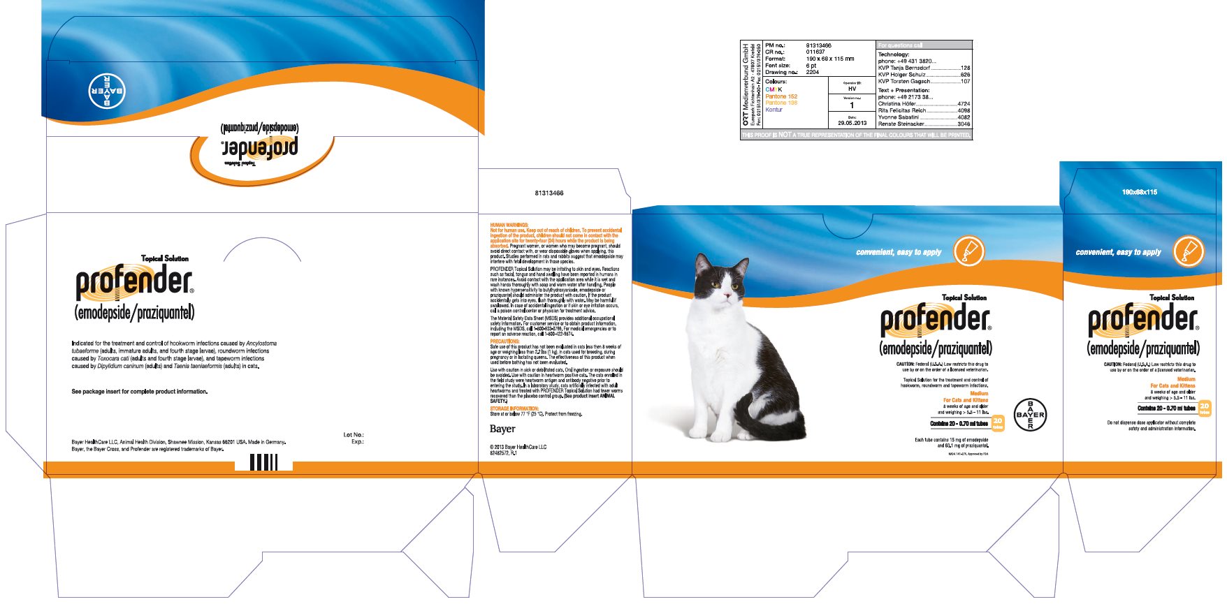 Profender (emodepside/praziquantel) Topical Solution for mediuml cats and kittens (> 5.5 - 11 lbs) 20 (0.70 ml) tubes label