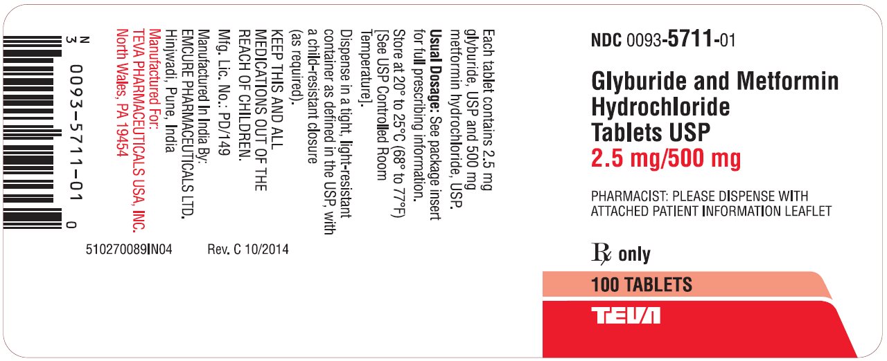 Glyburide and Metformin Hydrochloride Tablets USP 2.5 mg/500 mg 100s Label 