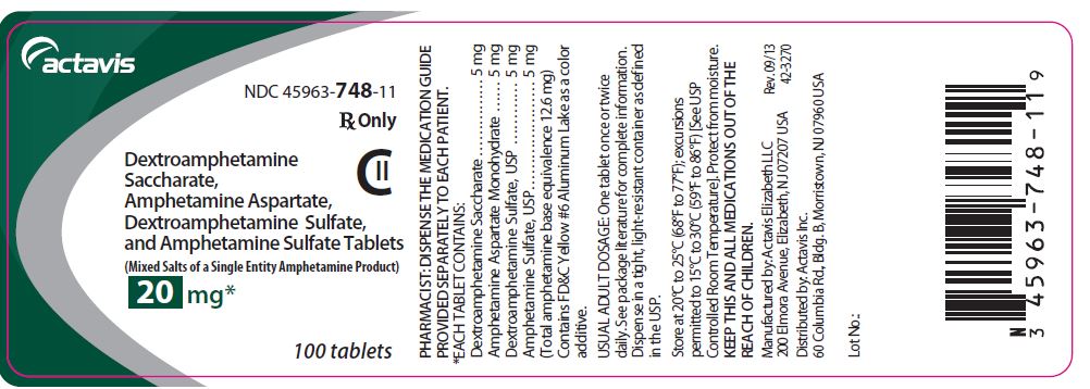 Dextroamphetamine Saccharate, Amphetamine Aspartate, Dextroamphetamine Sulfate, and Amphetamine Sulfate Tablets CII 20 mg, 100s Label