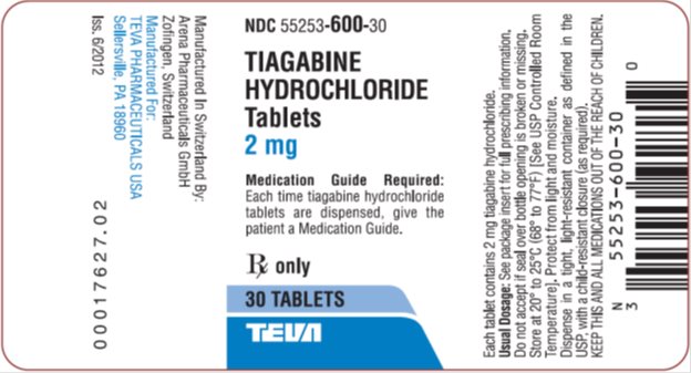 Tiagabine Hydrochloride Tablets 2 mg, 30s Label