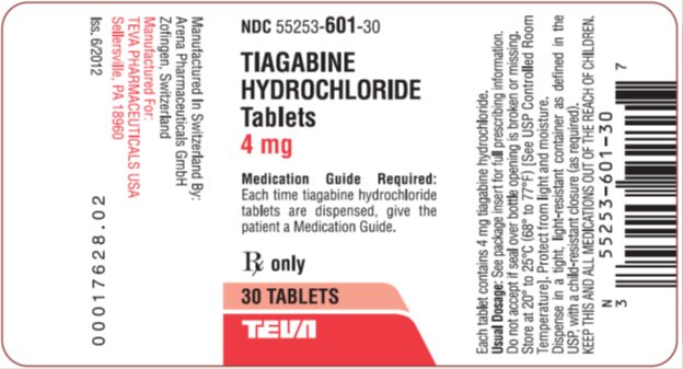 Tiagabine Hydrochloride Tablets 4 mg, 30s Label
