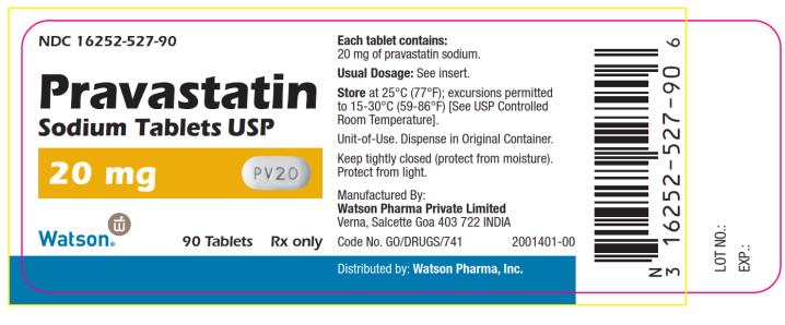 NDC 16252-527-90 Pravastatin Sodium Tablets USP 20 mg 90 Tablets Rx only Watson