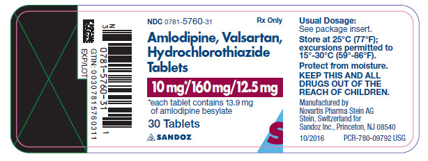 PRINCIPAL DISPLAY PANEL Package Label – 10 mg / 160 mg / 12.5 mg Rx Only  NDC 0781-5760-31 AMLODIPINE, VALSARTAN, HYDROCHLOROTHIAZIDE TABLETS 10 mg* / 160 mg / 12.5 mg *each tablet contains 13.9 mg of amlodipine besylate 30 Tablets