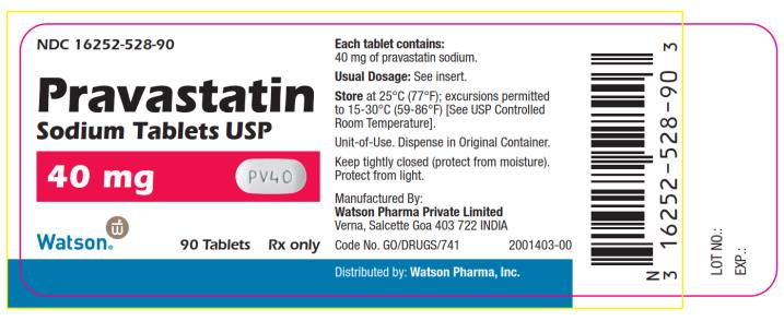 NDC 16252-528-90 Pravastatin Sodium Tablets USP 40 mg 90 Tablets Rx only Watson