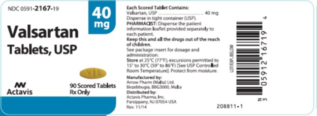 PRINCIPAL DISPLAY PANEL Package Label – 40 mg NDC 0591-2167-30 Valsartan Tablets, USP 40 mg 30 scored tablets Rx only Watson