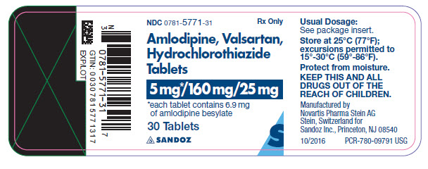 PRINCIPAL DISPLAY PANEL Package Label – 5 mg / 160 mg / 25 mg Rx Only  NDC 0781-5771-31 AMLODIPINE, VALSARTAN, HYDROCHLOROTHIAZIDE TABLETS 5 mg* / 160 mg / 25 mg *each tablet contains 6.9 mg of amlodipine besylate 30 Tablets