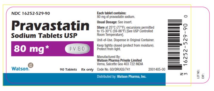 NDC 16252-529-90 Pravastatin Sodium Tablets USP 80 mg 90 Tablets Rx only Watson