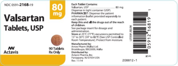 PRINCIPAL DISPLAY PANEL Package Label – 80 mg NDC 0591-2168-19 Valsartan Tablets, USP 80 mg 90 tablets Rx only Watson