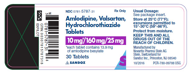 PRINCIPAL DISPLAY PANEL Package Label – 10 mg / 160 mg / 25 mg Rx Only  NDC 0781-5787-31 AMLODIPINE, VALSARTAN, HYDROCHLOROTHIAZIDE TABLETS 10 mg* / 160 mg / 25 mg *each tablet contains 13.9 mg of amlodipine besylate 30 Tablets