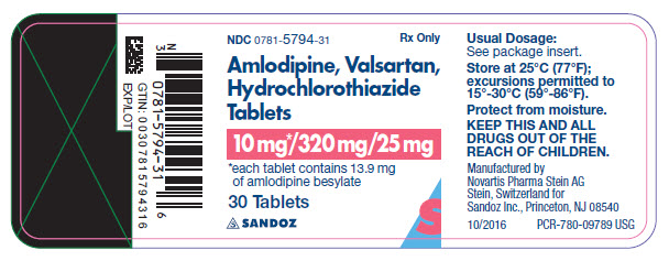 PRINCIPAL DISPLAY PANEL Package Label – 10 mg / 320 mg / 25 mg Rx Only  NDC 0781-5794-31 AMLODIPINE, VALSARTAN, HYDROCHLOROTHIAZIDE TABLETS 10 mg* / 320 mg / 25 mg *each tablet contains 13.9 mg of amlodipine besylate 30 Tablets