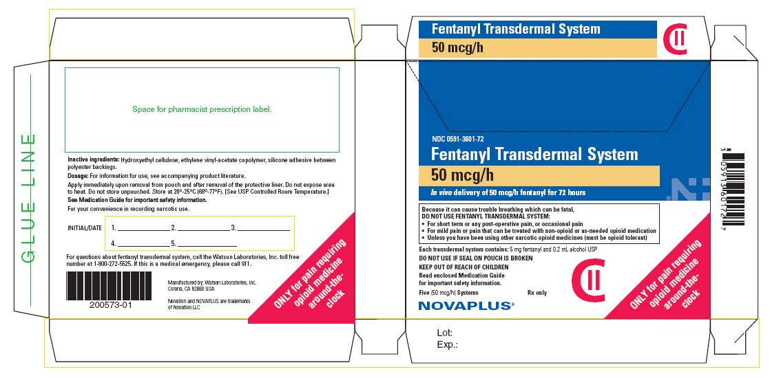 NDC 0591-3601-72 Fentanyl Transdermal System 50 mcg/h In vivo delivery of 50 mcg/h fentanyl for 72 hours Five (50 mcg/h) Systems Rx only CII NOVAPLUS®